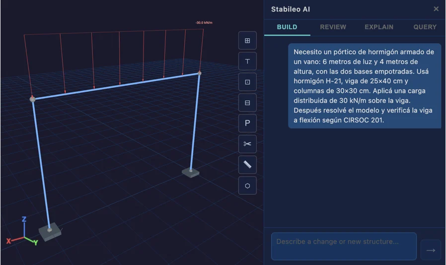 Modeling the frame of §6.1: 3D view with the distributed load (left) and the natural-language request, written in Spanish, in the AI Drawer (right).
