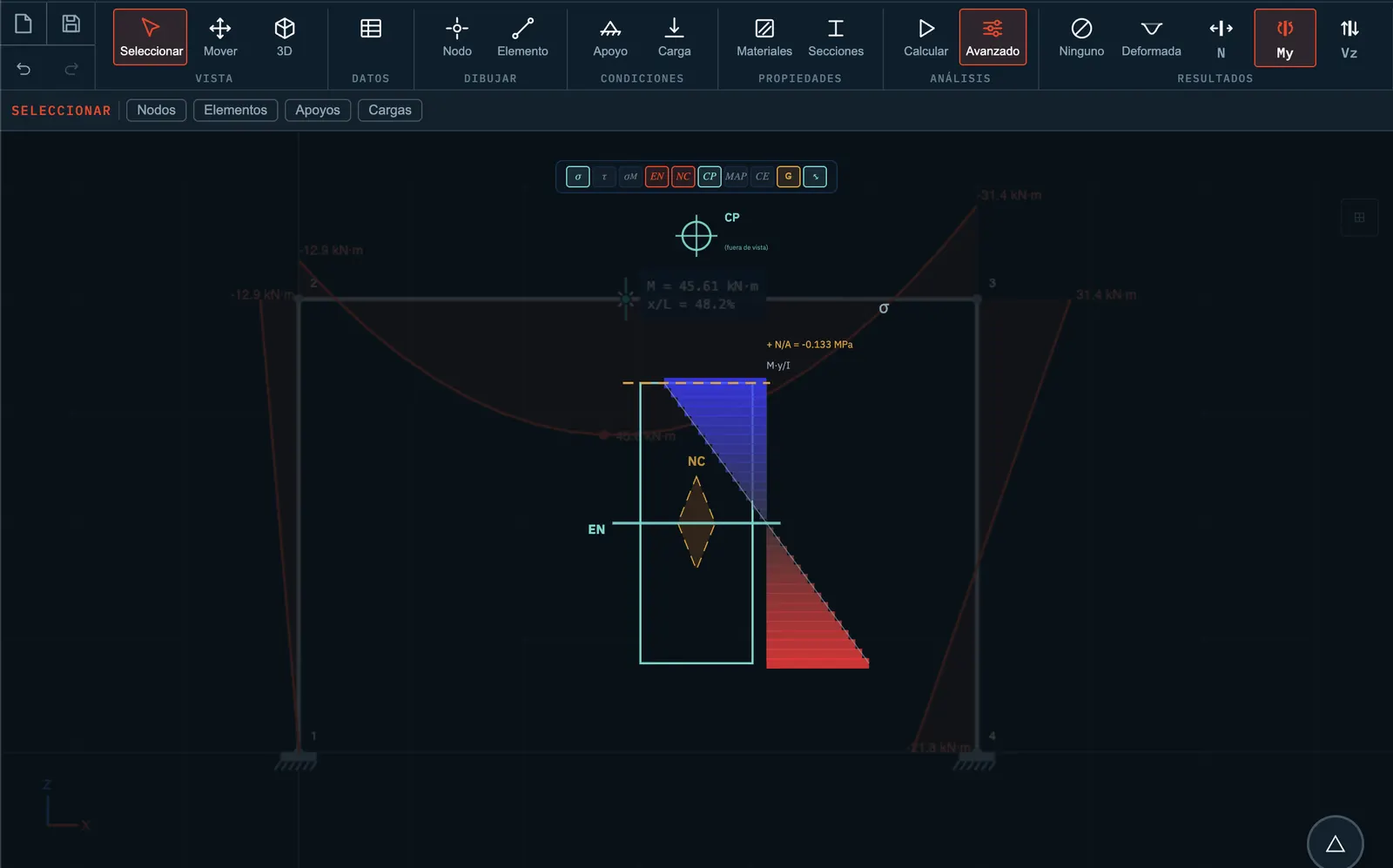 Stabileo in 2D: the stress state of the selected section drawn on the frame — the Navier distribution, the neutral axis, the core and the load application point.