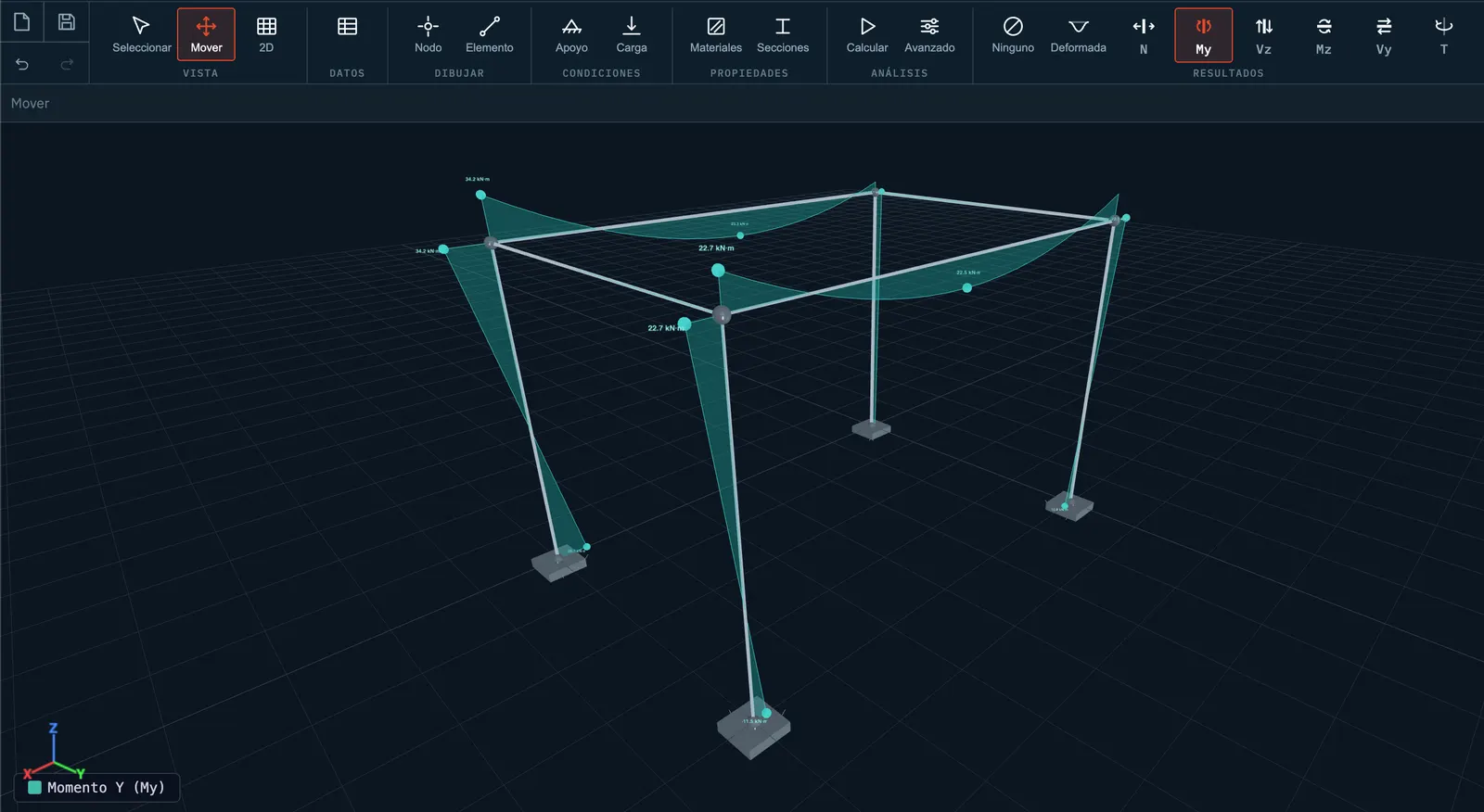 Stabileo in 3D: a space frame with the My diagram drawn as a surface along every member.