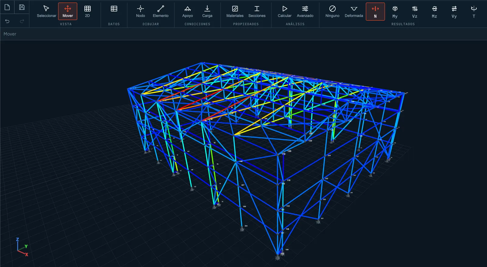 Stabileo in 3D: a complete industrial-shed truss, every one of its members coloured by axial force from blue to red.