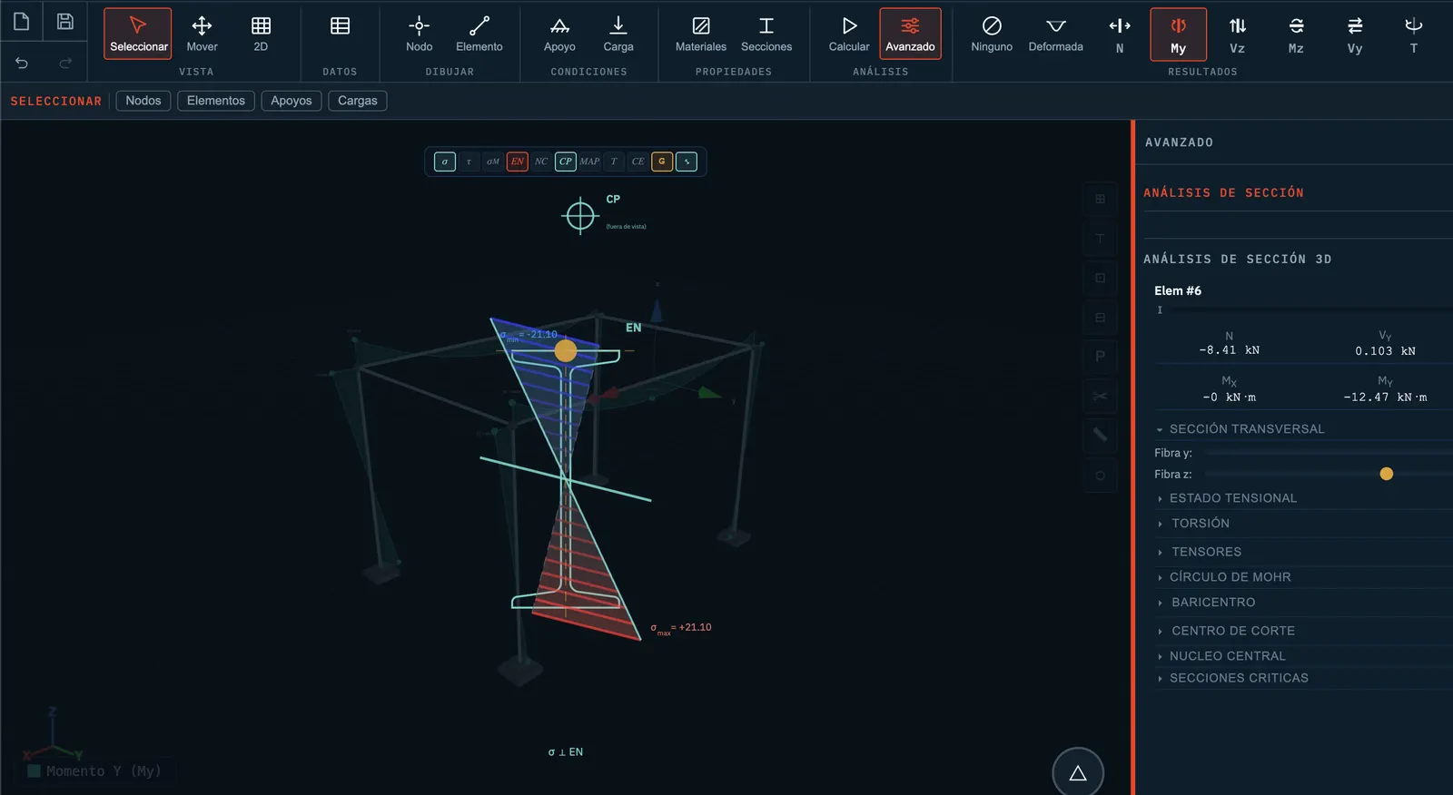 Stabileo in 3D: biaxial section stresses on a selected member, with the section-analysis panel open beside it.