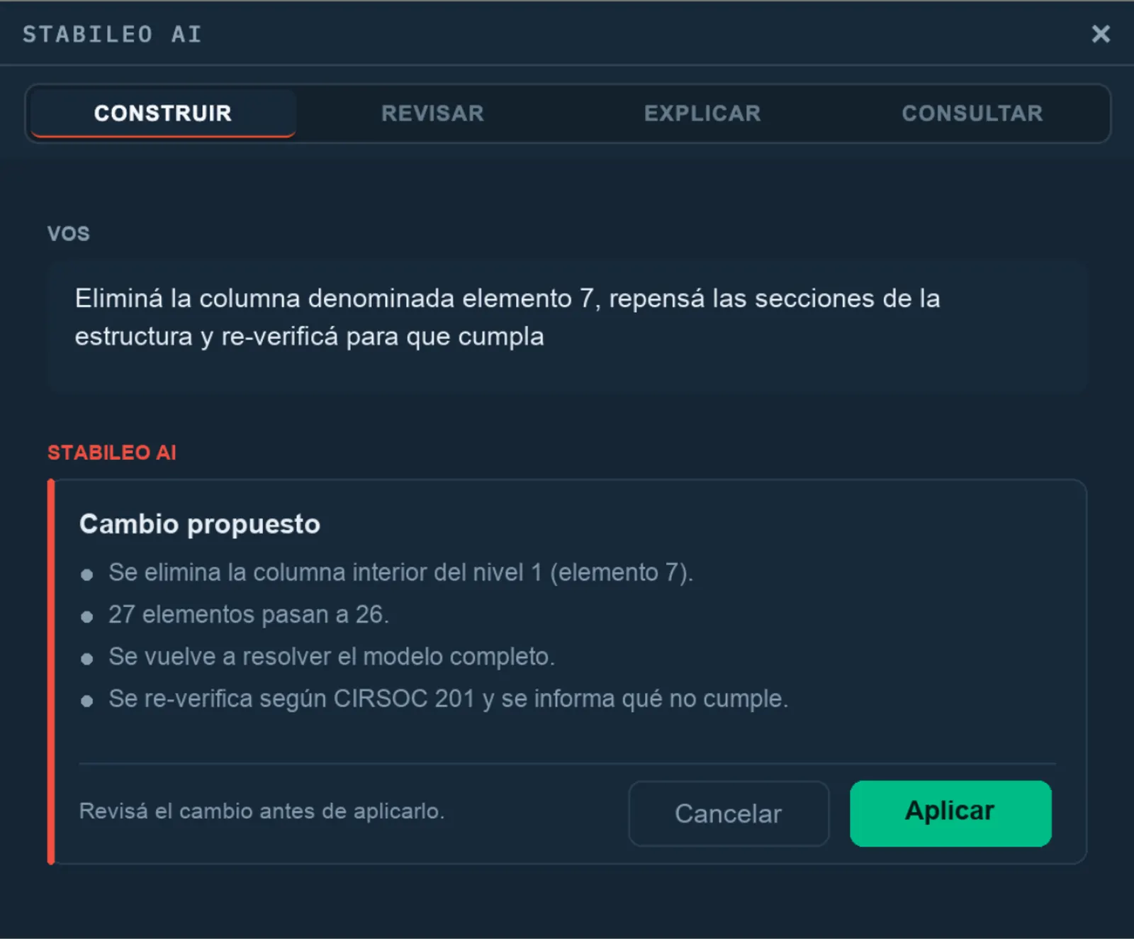Panel de Stabileo IA: un pedido en lenguaje natural y el cambio que la IA propone antes de aplicarlo.