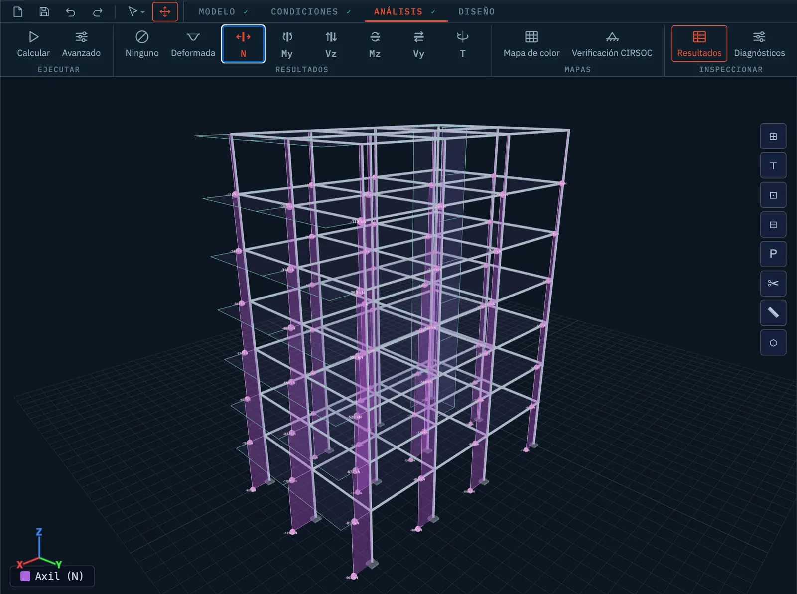 The same building after the analysis, with the axial-force diagram drawn along every column and its value labelled at each end.