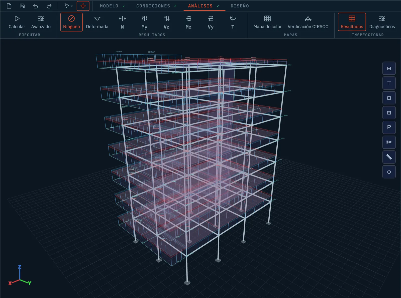 Stabileo in 3D showing a multi-storey reinforced-concrete building: columns, beams, slabs and the distributed loads on each floor, before running the analysis.