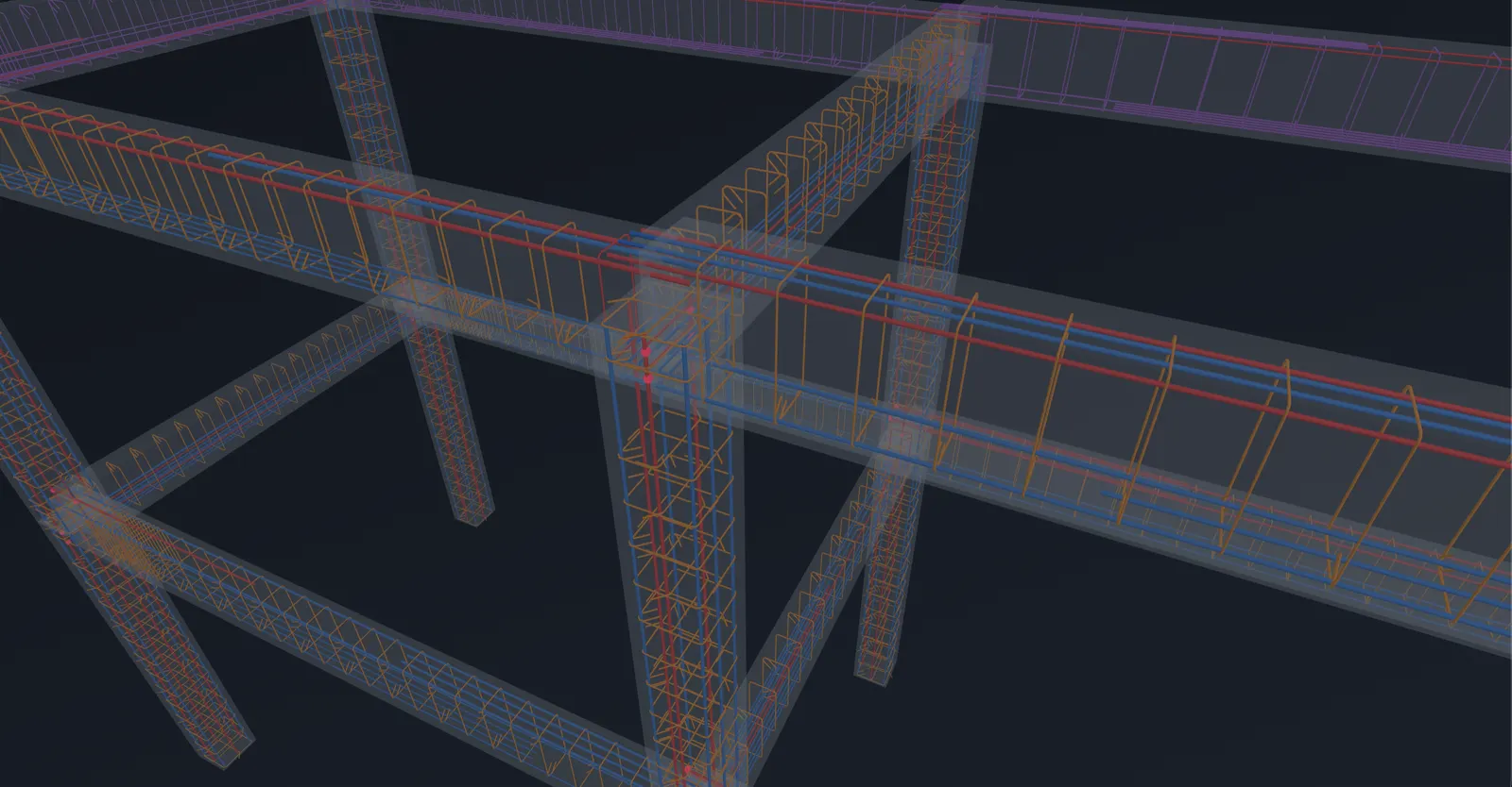 Close-up of a beam-column joint in 3D with its reinforcement visible: longitudinal bars in red and blue and stirrups in orange, inside translucent concrete.